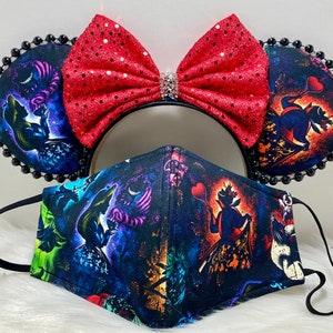 Beautiful Inspired Minnie Mouse ears OR with combo matching mask set of illusion shadow Classic Alice in Wonderland and Queen of heart