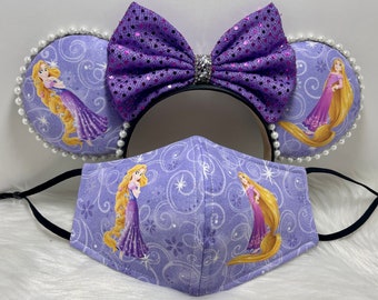 Orelhas inspiradas na Minnie Mouse OU com conjunto de máscara combinada de Tangled Rapunzel. Máscara de orelhas do Mickey Minnie