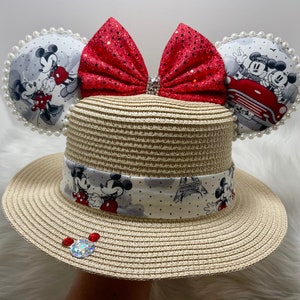 Sombrero de paja vintage inspirado en Mickey Minnie Mouse, sombrero para el sol, orejas de ratón o con conjunto de máscara a juego. Orejas de sombrero de paja de Mickey Minnie