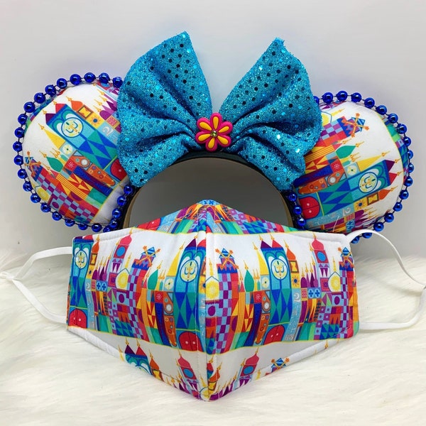 Inspired It's a Small World Minnie Mouse ears OR with combo matching mask set..  Mickey Minnie ears mask