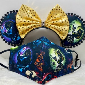 Inspired Beautiful Minnie Mouse ears OR with combo matching mask set of illusion shadow Beauty and the Beast.  Very rare custom print