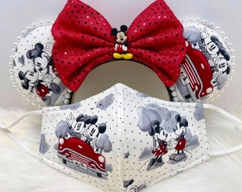 BEST SELLER Inspired Vintage Mickey Minnie Mouse in love ears OR combo matching mask set. Mickey Minnie ears mask.