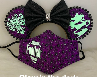 Inspired Minnie Mouse ears OR with combo matching mask set Haunted Mansion.  Glow in the dark ton of fun. Welcome Foolish Mortals (purple)