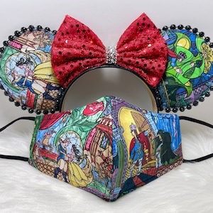 Inspired Minnie Mouse ears  OR with combo matching mask set. of Stained glass Beauty and the Beast. Mickey Minnie ears mask