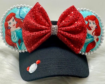 Inspired Minnie Mouse Visor ears OR with combo matching mask set of Vintage Ariel the Little Mermaid. mickey minnie ears visor mask