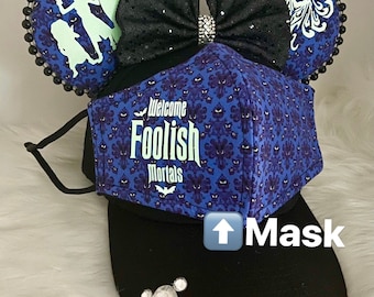 GLOW in the dark Inspired Mickey hat with ears and matching mask of Haunted Manson.  Mickey ears hat mask (Blue)