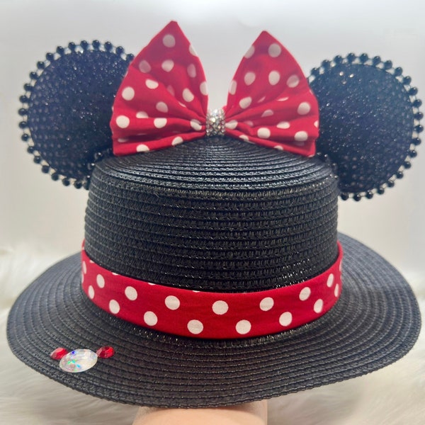 Inspiré du chapeau de paille Minnie Mouse classique, chapeau de soleil oreilles de souris OU avec ensemble de masques assortis combinés. Oreilles de paille Mickey Minnie arc à pois rouges.