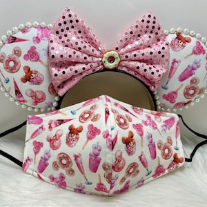Inspired Favorite pink Doughnuts Snacks Mickey Minnie Mouse ears OR with combo matching mask set. Mickey Minnie ears mask.