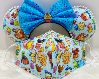 Inspired Mickey Minnie famous snacks ears  OR with combo matching mask set.. Mickey Minnie ears mask.  Custom print limilted supply