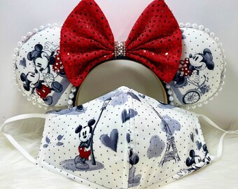 Inspired Vintage Mickey Minnie ears OR combo matching mask set in Paris.  Mickey Minnie ears mask