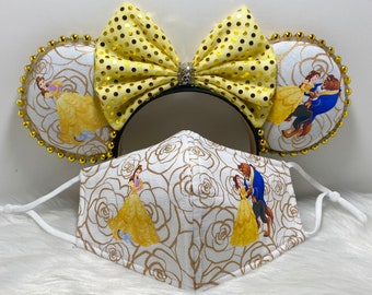 BEST SELLER...Inspired Beautiful Minnie Mouse ears OR combo matching mask set.  Beauty and the Beast Belle all gold rose setting.