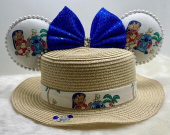 Inspired Lilo and Stitch Mickey Minnie Mouse Straw hat, sun hat Mouse ears  OR with combo matching mask set..  Mickey Minnie straw hat ears