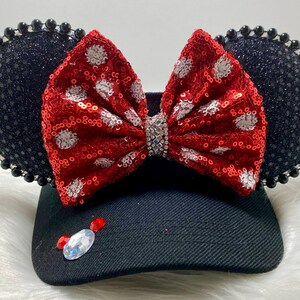 Inspired Minnie Mouse Visor ears OR with combo matching mask set..  Minnie mouse ear and face mask.  Red polka dot bow