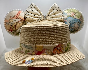 Inspired Winnie the Pooh Tigger and Eeyore Straw hat, sun hat Mouse ears  OR with combo matching mask set..  Mickey Minnie straw hat ears
