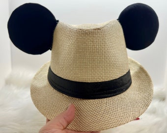 Inspired Classic Mickey Mouse Straw hat, sun hat Mouse ears OR with combo  matching mask Mickey Minnie straw