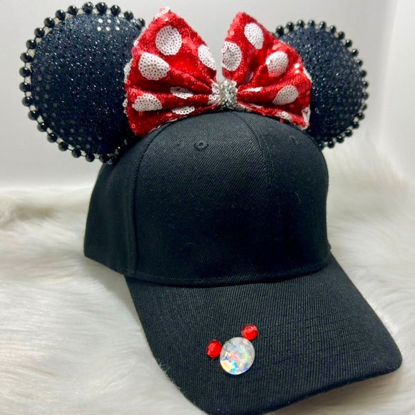 Inspired Classic Minnie Mouse hat cap with mouse ears  OR with combo matching mask set..  Mickey ears hat mask red polka dot bow
