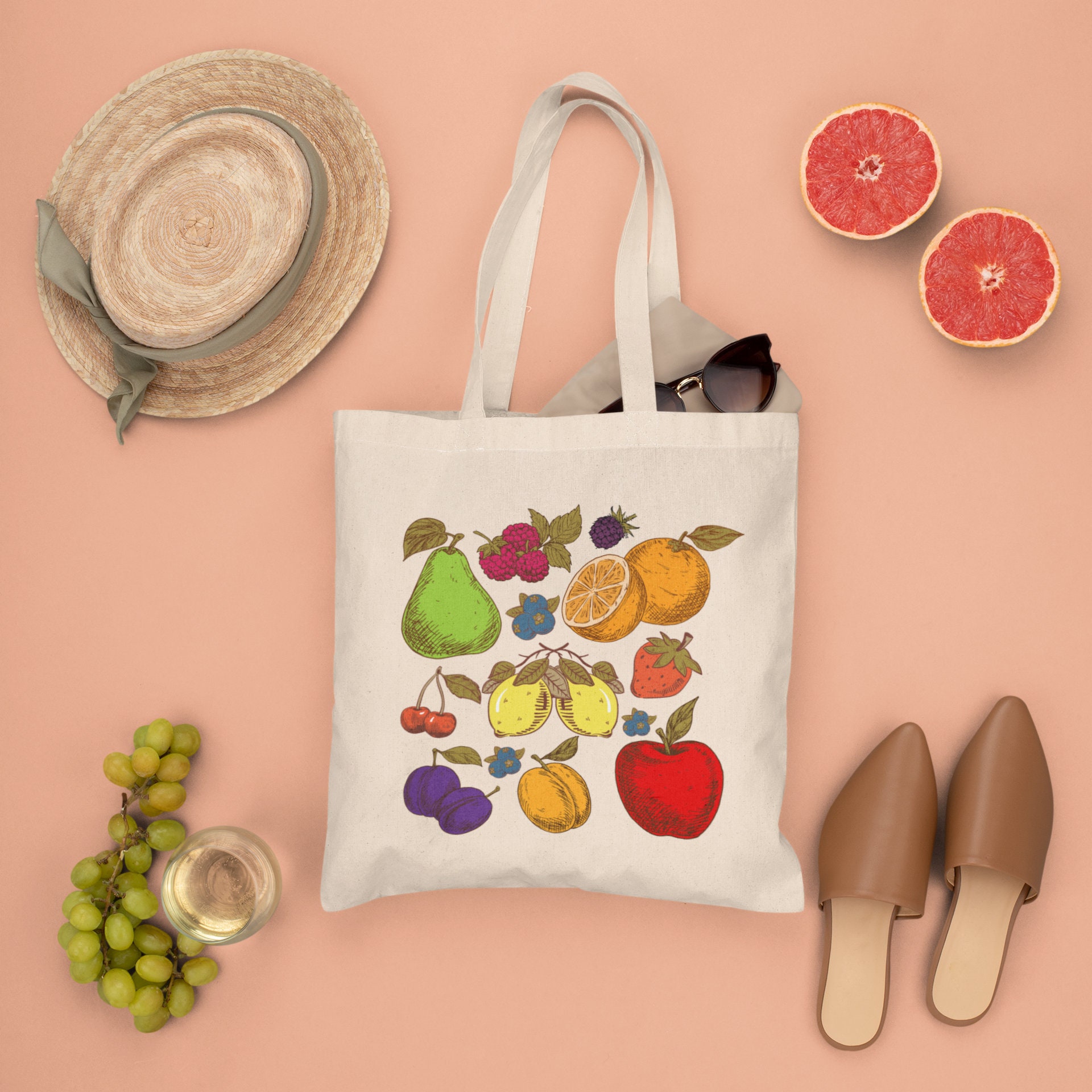 Cute Vintage Fruit Tote Bag Canvas Grocery Bag Farmers Market Etsy