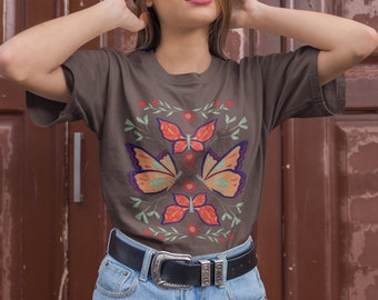 Butterfly TShirt Hygge Polish Folk Art TShirt Cottagecore Clothing Aesthetic Clothing Boho Shirt Floral Botanical Shirt Garden Shirt