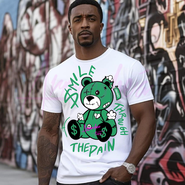 Archivo PNG de oso con sonrisa verde ante el dolor. PNG urbano inspirador (descarga digital)