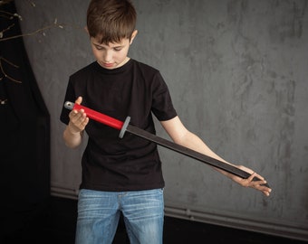 Handgefertigtes Holzspielzeug, Samurai-Schwert, Schwarze Klinge und Roter Griff, Katana, Pretend Play