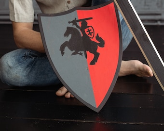 Handmade Wooden Knight Shield, Red Black Medieval Toy for Kids, Role Play Imaginative Adventure