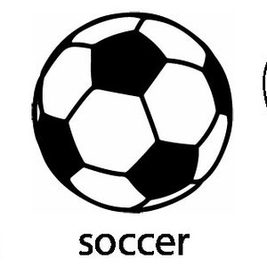 以下が含まれることがあります： バスケットボール、サッカーボール、野球バットの白黒線画。バスケットボールは黒い線と茶色の背景があります。サッカーボールは白と黒の五角形です。野球バットは白です。