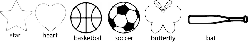 以下が含まれることがあります： バスケットボール、サッカーボール、野球バットの白黒線画。バスケットボールは黒い線と茶色の背景があります。サッカーボールは白と黒の五角形です。野球バットは白です。