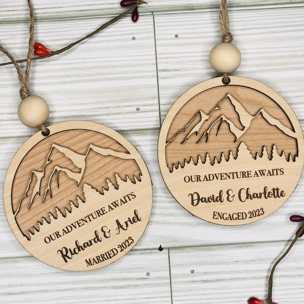 Personalized Engagement Ornament, First Christmas Engaged Ornament, First Christmas  Married Ornament, Mountain Top Christmas Ornament