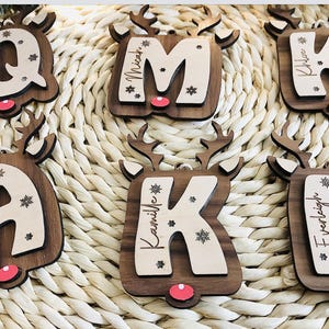 May include: Wooden Christmas ornaments in the shape of reindeer, each featuring a letter and a name. The letters are in a light wood color, and the reindeer are dark brown with red noses. Snowflakes are also included.
