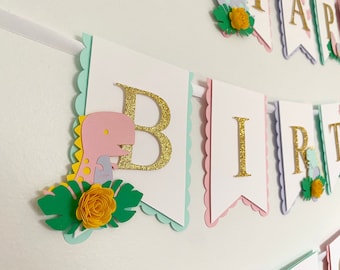 Dinosaur Girl Birthday Banner, Three Rex Party Decor