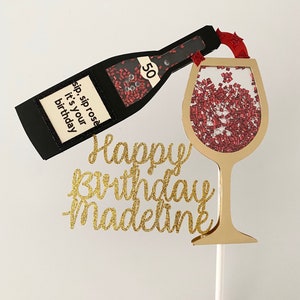 Adorno para tarta de cumpleaños con coctelera de vino, rosa para sorbos, personalizado