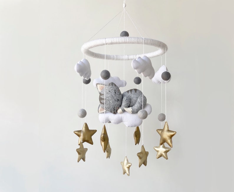 Baby crib mobile with kitten cloud and stars hanging cot Etsy