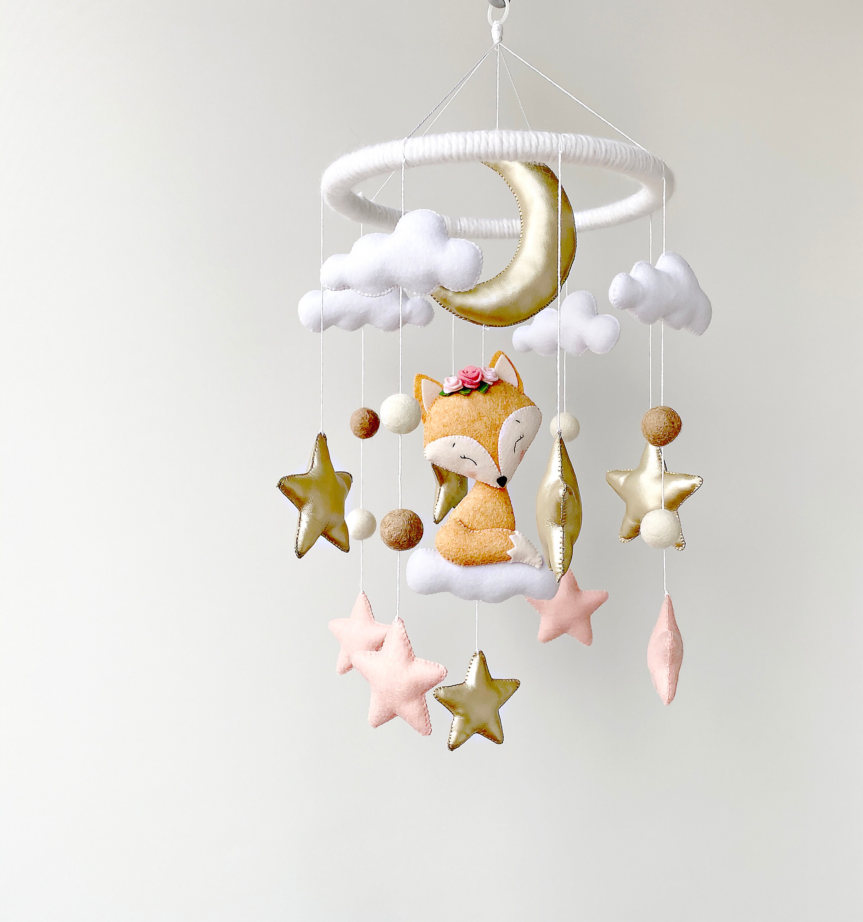 Fox baby crib mobile with pom cloud moon and stars hanging Etsy