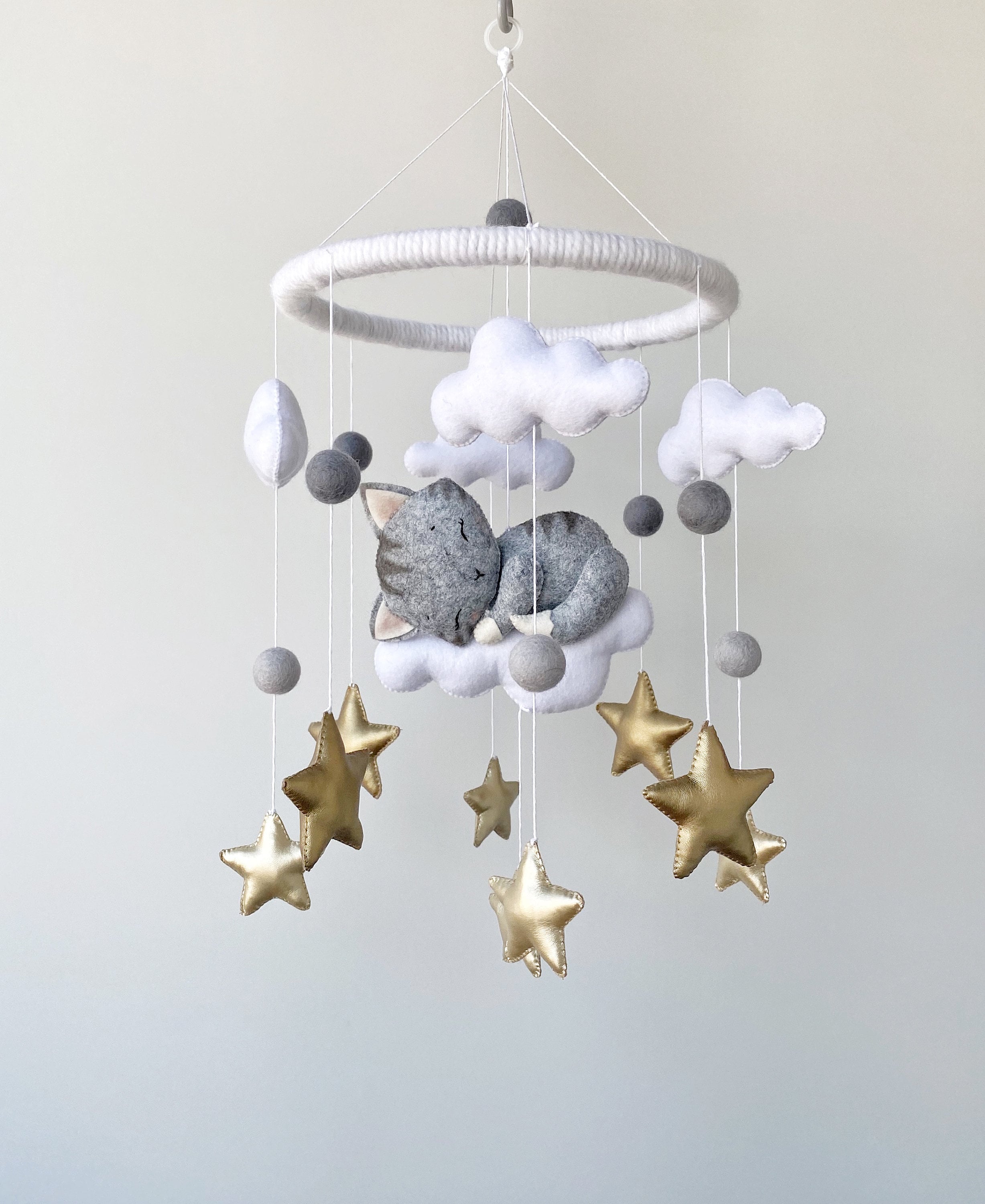 Baby crib mobile with kitten cloud and stars hanging cot Etsy