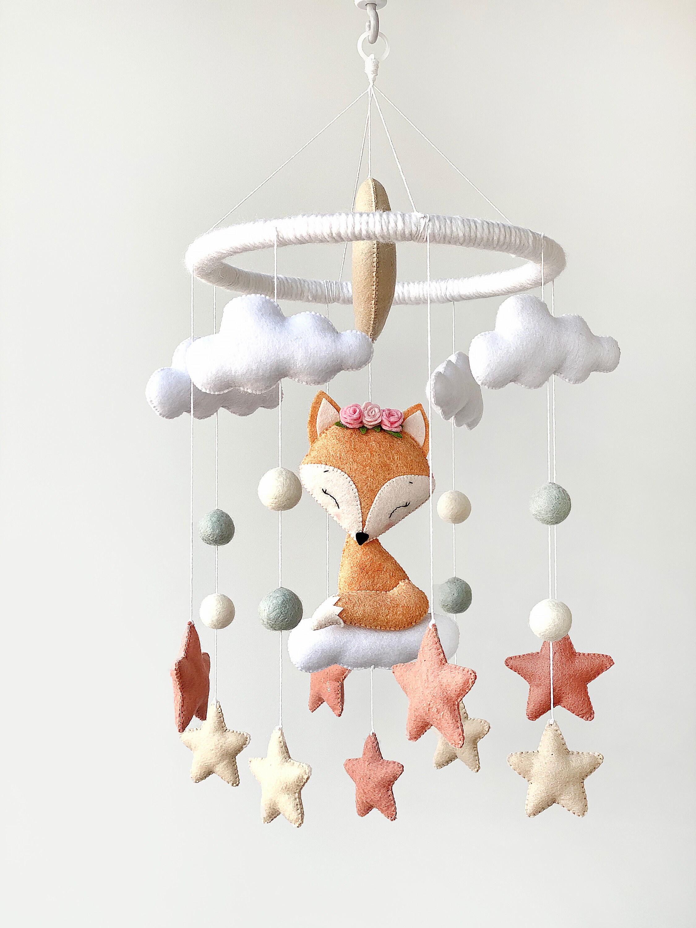 Pink baby crib mobile with pom cloud moon and stars hanging Etsy