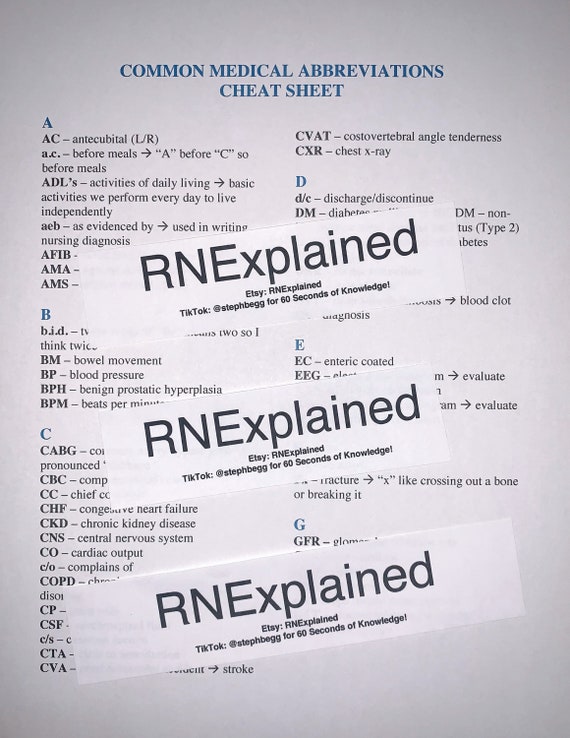 Medical Abbreviations Nursing Study Sheets Etsy