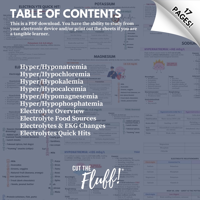 May include: A PDF download detailing electrolytes, featuring a table of contents with topics like Hyper/Hyponatremia and Electrolyte Food Sources. The document has 17 pages and includes the text "Cut the Fluff!"