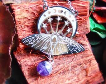 Moth and Crescent Moon Wicca Witch Necklace with Natural Amethyst Crystal Ball