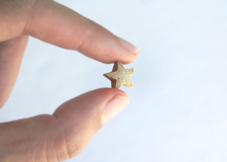 May include: A small, star-shaped object with a textured, light brown surface. The five-pointed star is held between two fingers against a white background. The object appears to be a decorative element or charm.