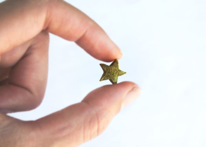 May include: A small, star-shaped object with a textured, olive-green appearance is held between two fingers against a white background. The star's edges are defined, and it appears to be made of a solid material.