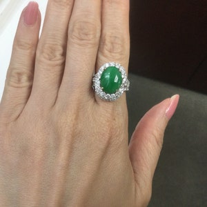 Green Jade Ring set in 18K solid white gold Grade A Jade Translucent with High Quality of Diamonds  ( US Size 6 )