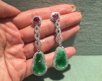 18K Solid White Gold High quality Diamond, Genuine Diamond, Ruby and Jade Earrings