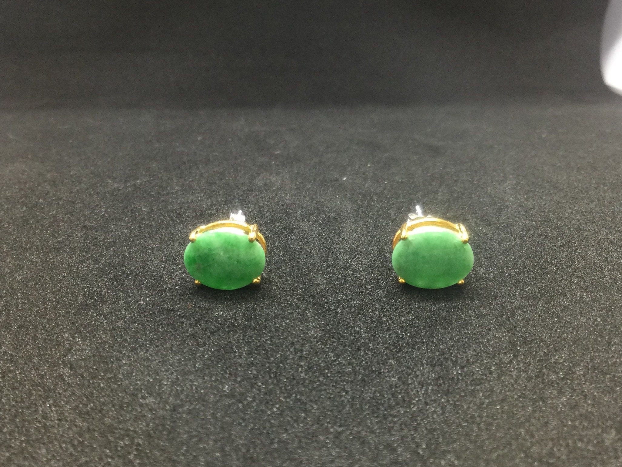 Jadeite Jade Stud Earrings - Translucent AppleGreen (Grade A) BiColor Silver with Yellow Gold plated