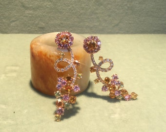 18K Pink Gold / Rose Gold Multi-Color Sapphire Dangling Earrings With Genuine Diamonds