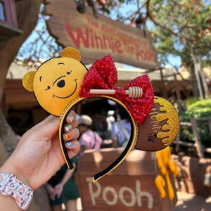 HONEY POOH BEAR Ears, Winnie the Pooh Bear and Honey Pot Ears, Bee Happy Ears, Oh Bother Ears, Ear Headband, Park Accessory