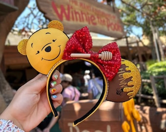 HONEY POOH BEAR Ears, Winnie the Pooh Bear and Honey Pot Ears, Bee Happy Ears, Oh Bother Ears, Ear Headband, Park Accessory