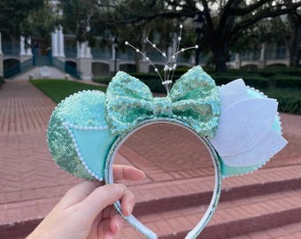 Princess Tiana Disney Mint Green Polka Dot Pearl Satin Bow Princess Ear Headband Disney Tiana The Princess and the Frog Ear Headband by Color  main image 3
