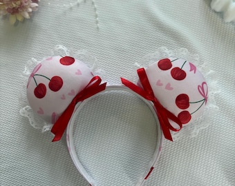 Cherry BOW Mouse Ears: Lace Coquette Valentines Day Park Headband