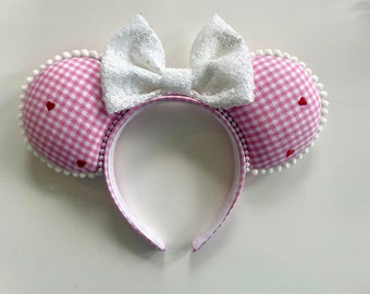 Pink Check Heart Ears, Valentines Day, Anniversary Ears, Love Ears