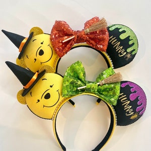 HALLOWEEN Honey Pooh Bear Ears, Witch Winnie-the -Pooh Bear and Honey Pot Ears, Park Ear Headband, Spooky Park Mouse Ears, Halloween Ears